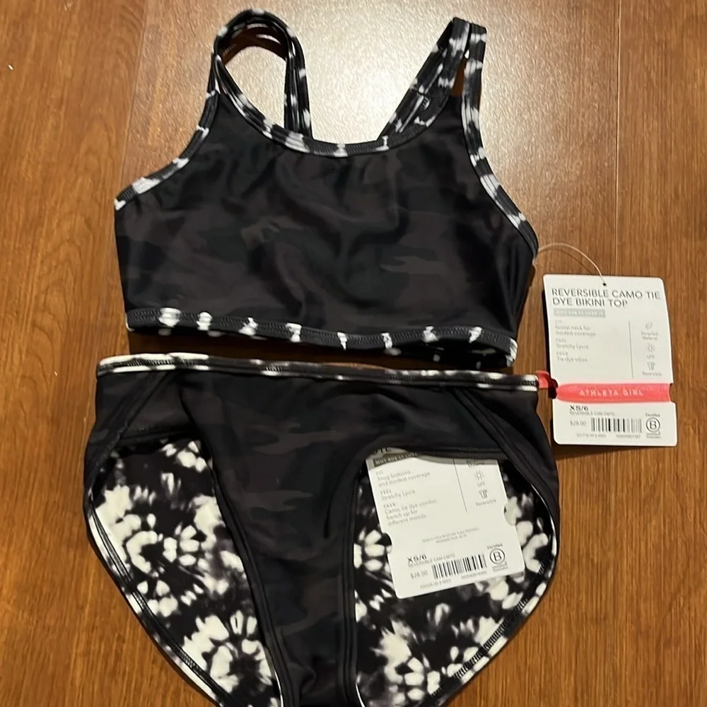 Athleta Girl Camo Tie Dye Mock Neck Rashguard, Bikini Top & Bottom Size 6.